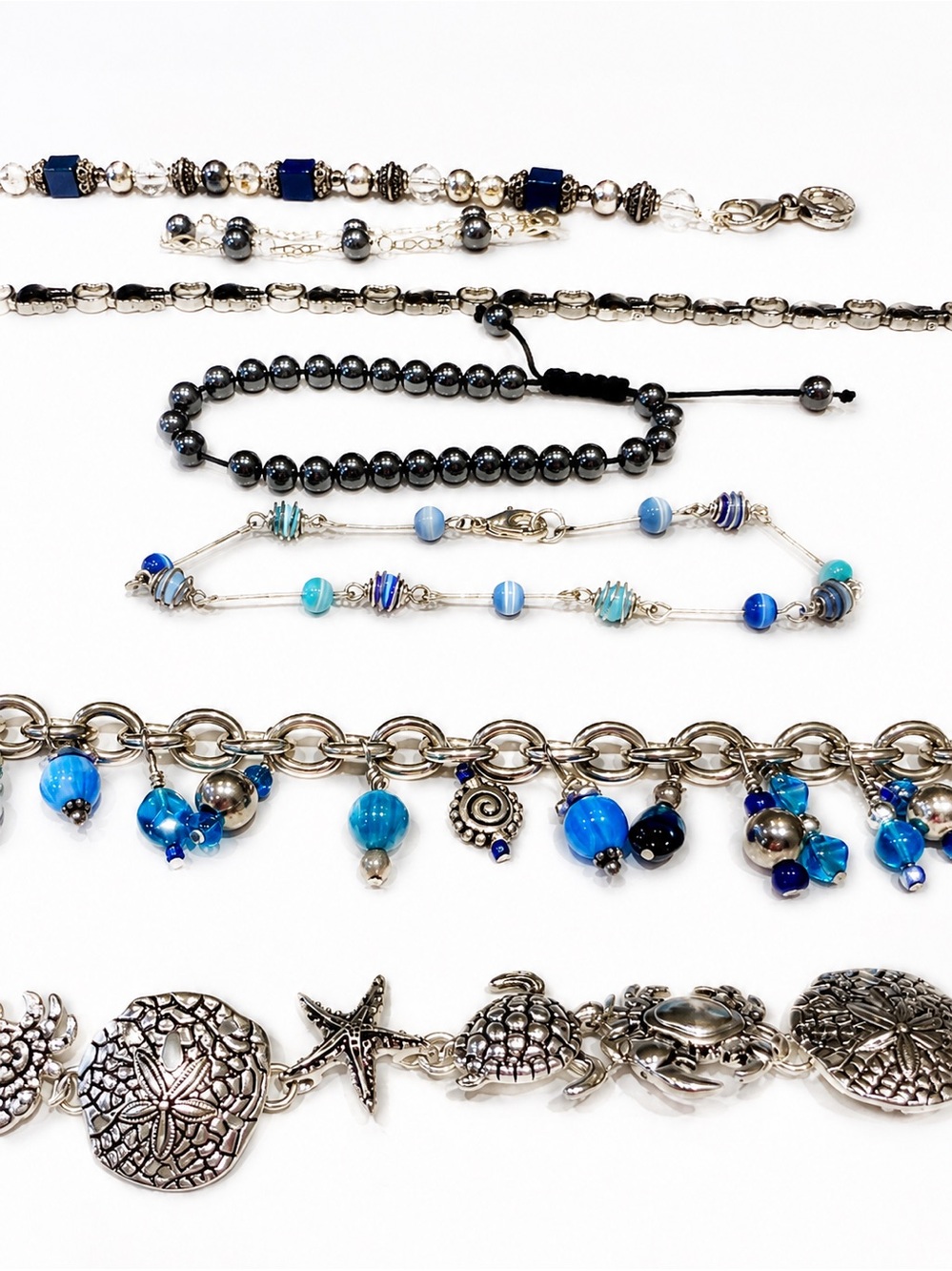 Bracelet Lot 7 Pc Blue Silver Tone Coastal Beach Turtle Charm Beaded Jewelry Set